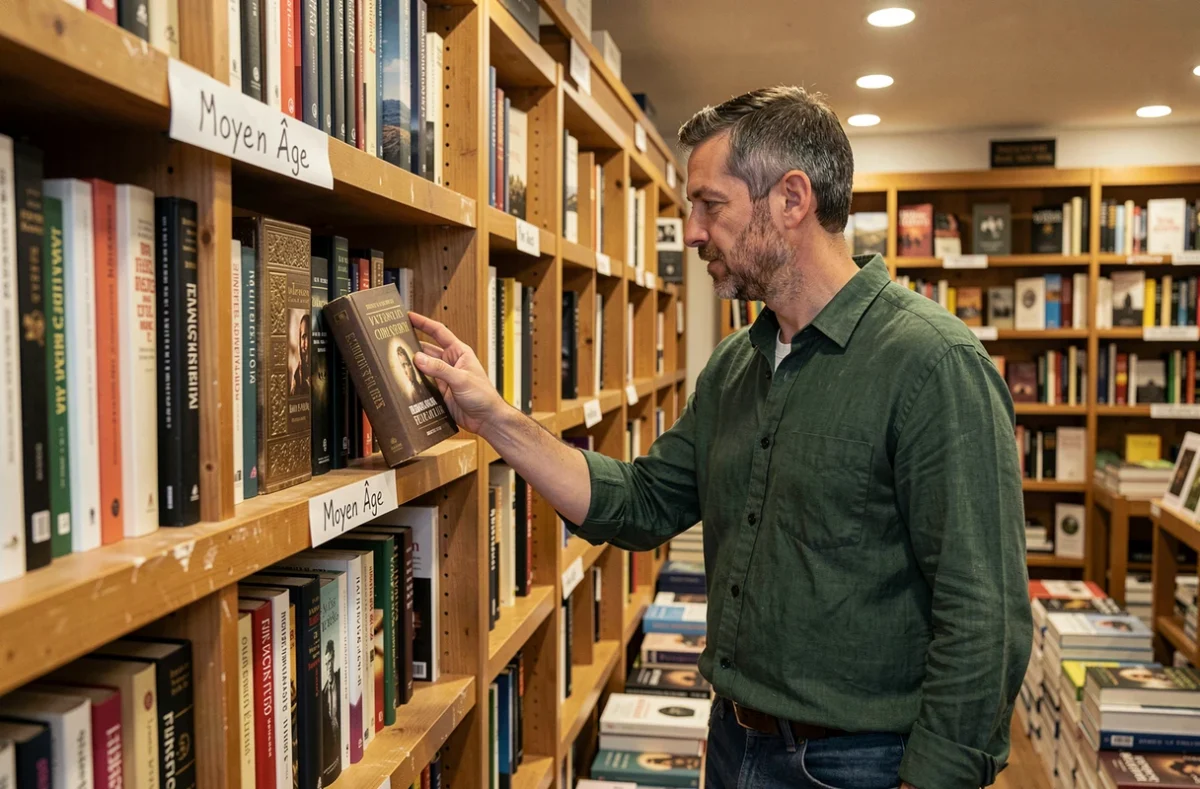 Homme parcourant un rayon romans historiques médiévaux dans une librairie indépendante