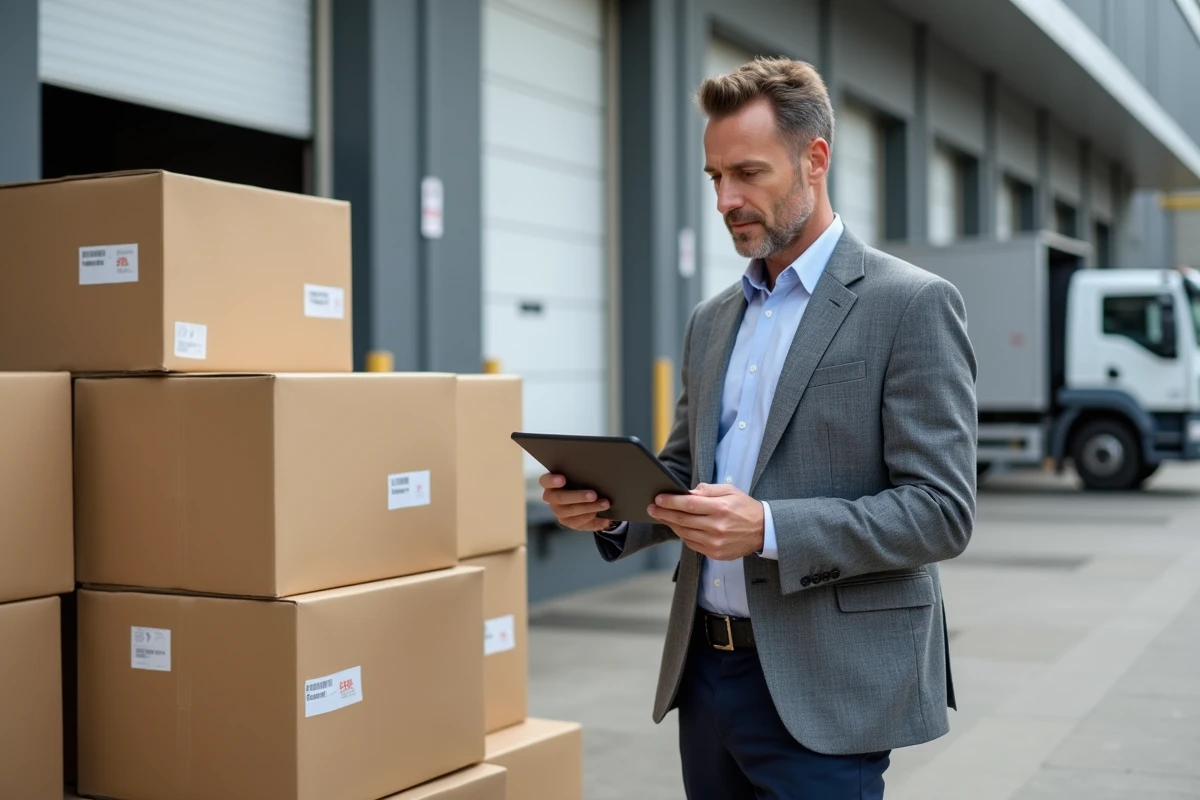 Homme gestionnaire de livraison avec boîte dans un centre logistique