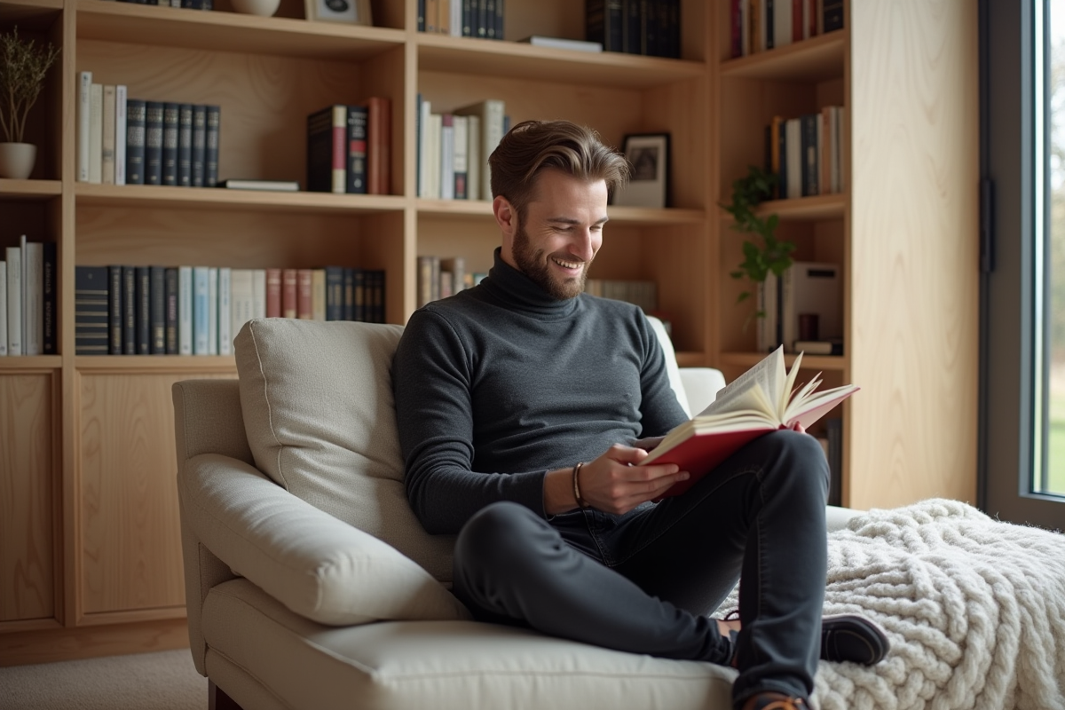 Homme lisant dans un coin lecture scandinave chaleureux