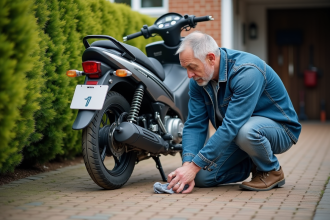 Homme nettoyant une moto Yamaha Dax en extérieur