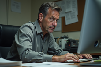 Homme d'âge moyen frustré face à un ordinateur ancien