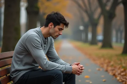 Homme pensif assis sur un banc de parc en automne, regard baissé, expression introspective évoquant les confidences amoureuses et le silence émotionnel