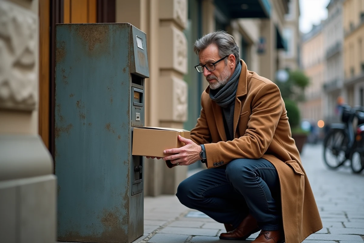 Homme déposé un colis dans une boîte aux lettres urbaine