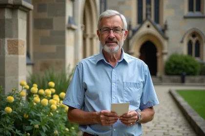 Homme d'âge moyen priant près de l'église de Compiègne