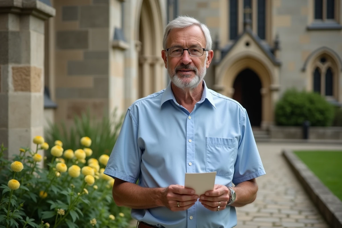 Homme d'âge moyen priant près de l'église de Compiègne