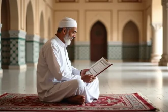 Homme âgé en djellaba priant dans une mosquée