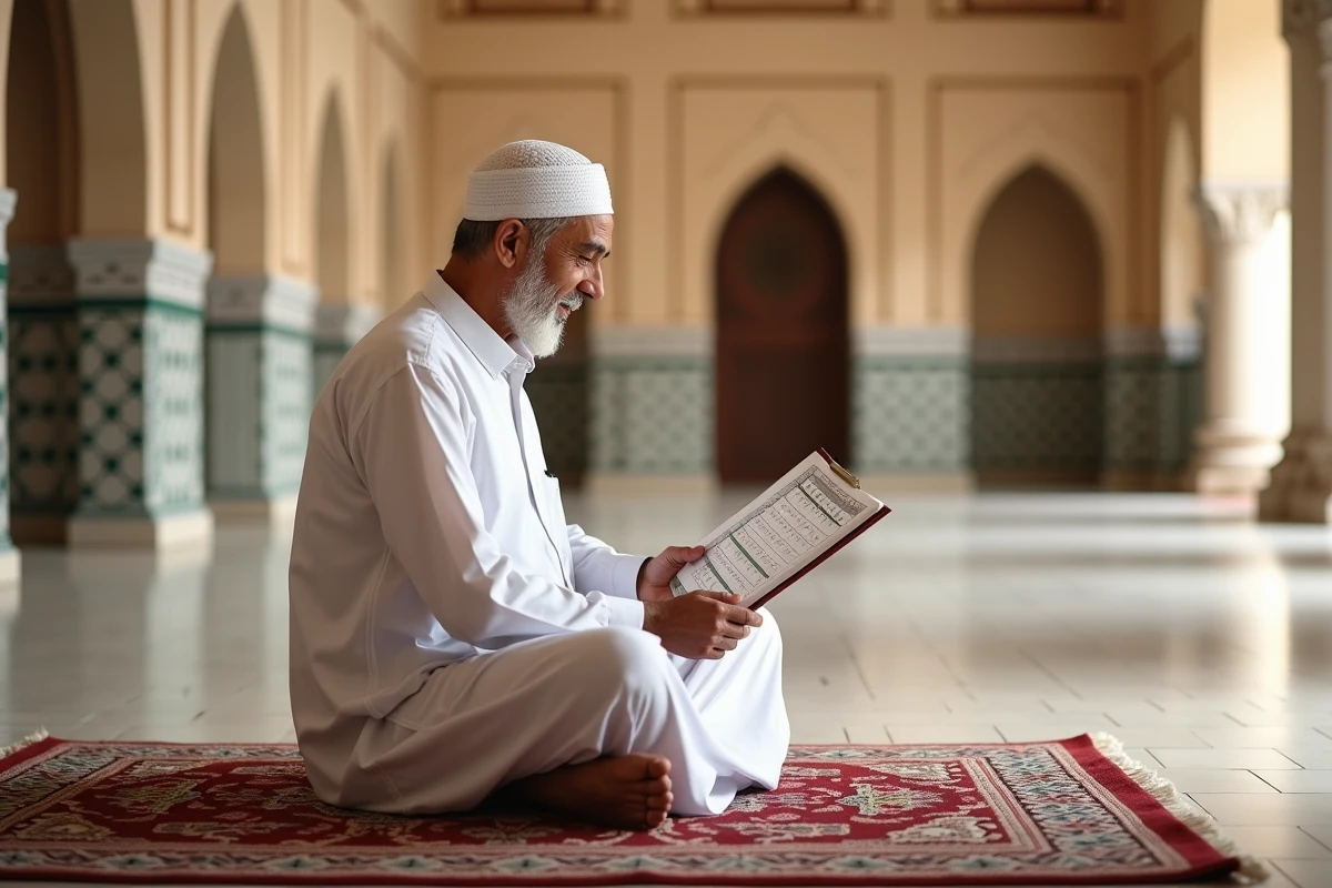 Homme âgé en djellaba priant dans une mosquée