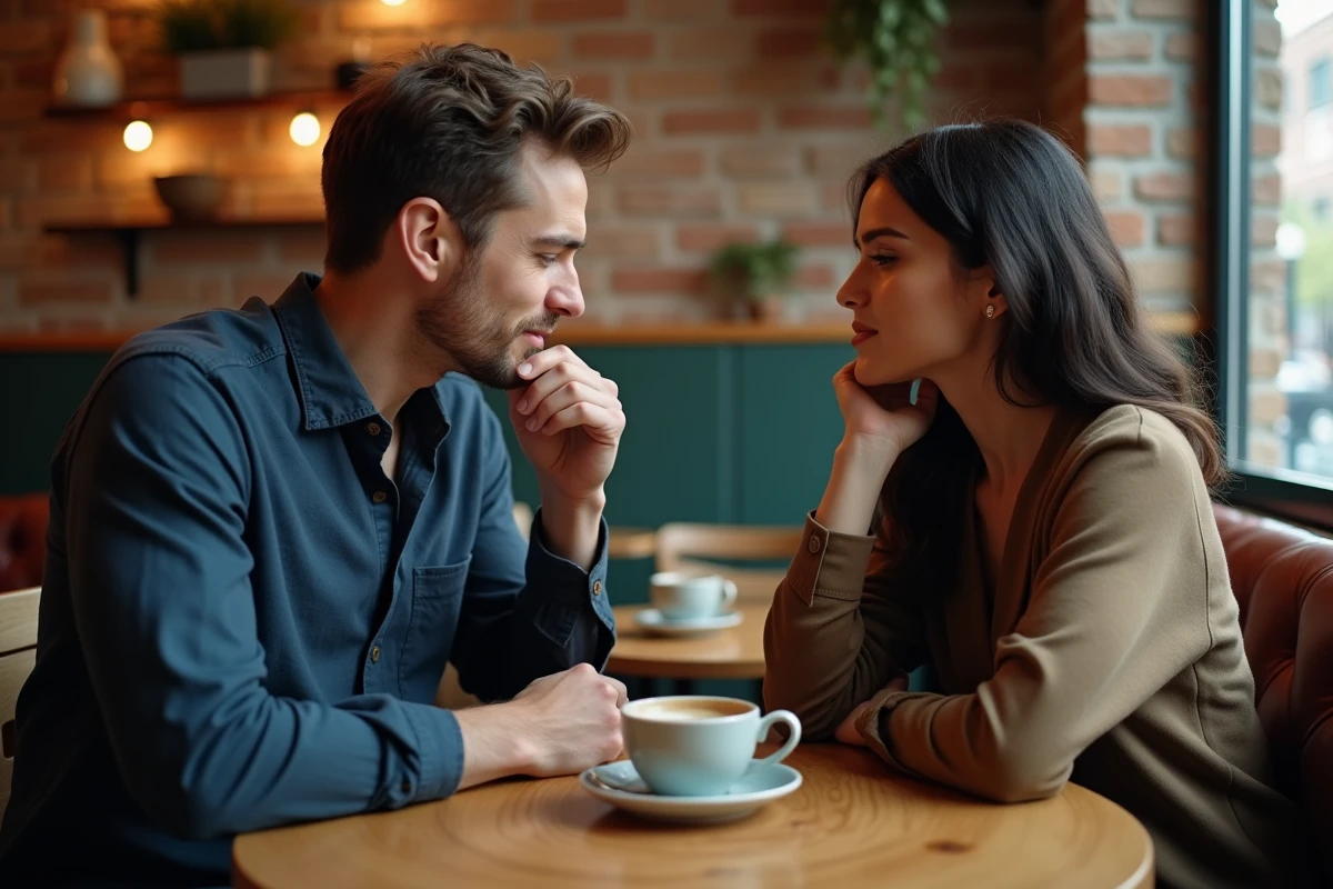 Couple dans un café, homme au regard hésitant se confiant à une femme attentive, illustrant la vulnérabilité émotionnelle et les signes amoureux dans la communication