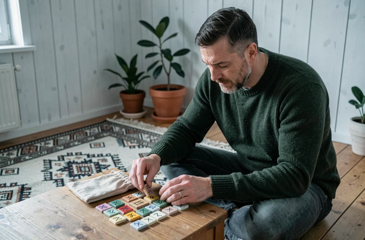 Homme posant des runes celtiques en céramique sur une table basse dans un salon de style scandinave