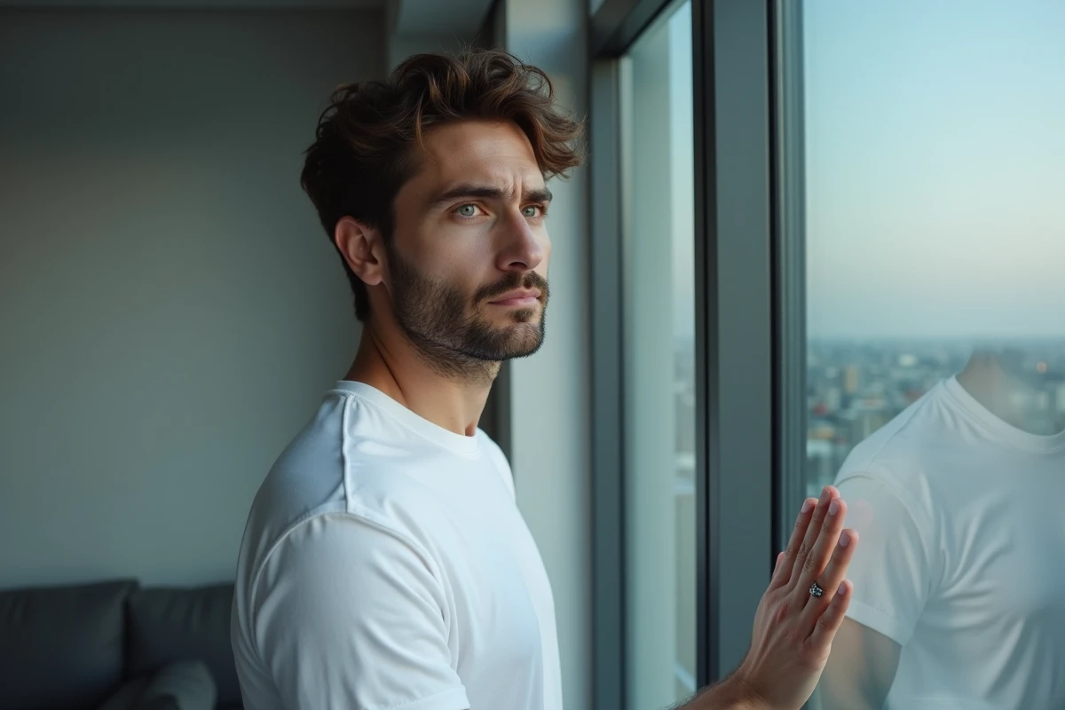 Homme seul près d'une fenêtre d'appartement regardant au loin, posture silencieuse et introspective symbolisant le non-dit et les sentiments amoureux inavoués