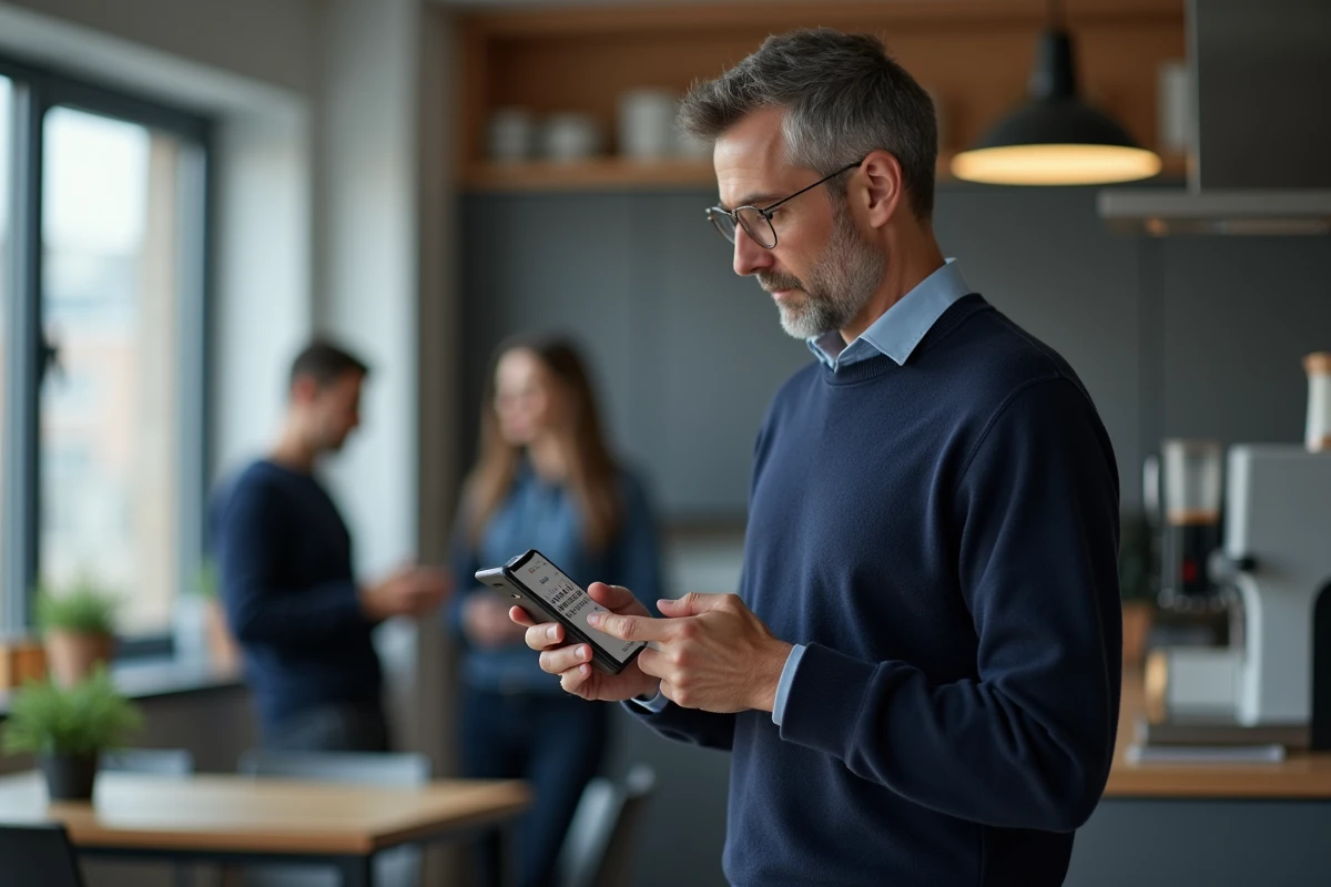 Homme en bureau consultant son calendrier numérique sur smartphone pour gérer ses rendez-vous en semaines alternées