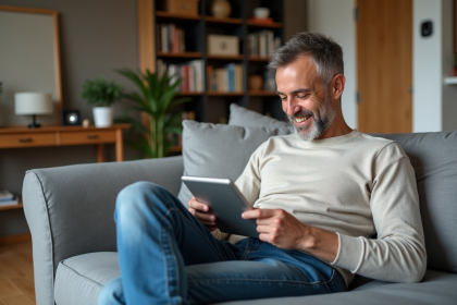 Homme détendu utilisant une tablette pour contrôler la maison intelligente