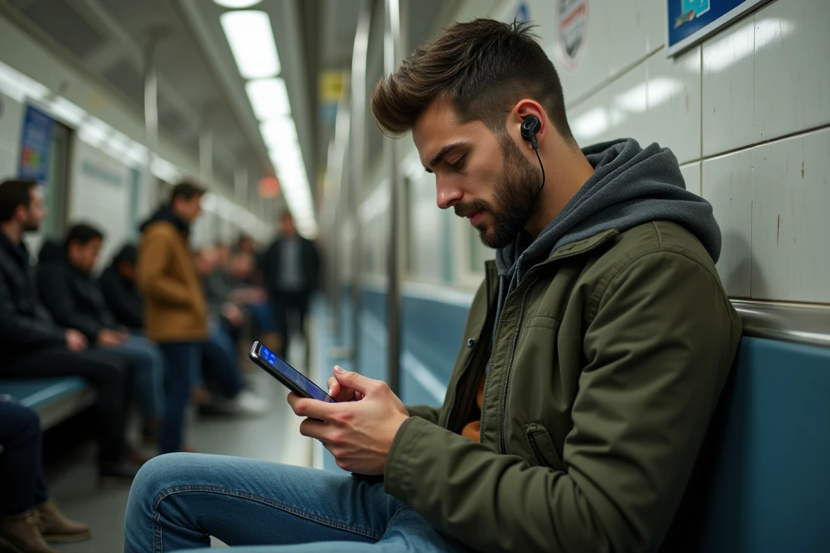 Jeune homme consultant le tchat Chérie FM sur son smartphone dans le métro, représentant l'utilisation mobile du chat officiel en 2026