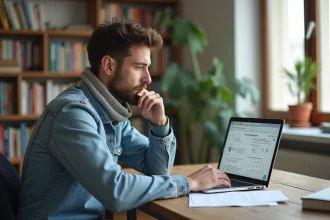 Homme concentré travaillant sur un ordinateur dans un salon lumineux