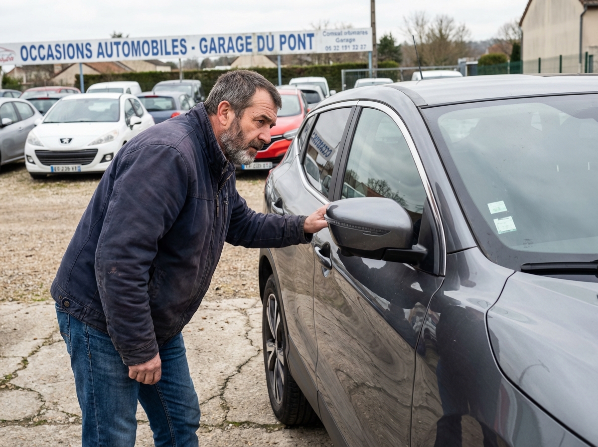 Homme examine une Nissan Qashqai d'occasion devant un concessionnaire