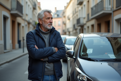 Homme d'âge moyen avec voiture d'occasion en ville
