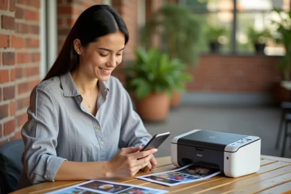 Femme utilisant une imprimante portable couleur en terrasse de café avec des photos imprimées sur une table en bois