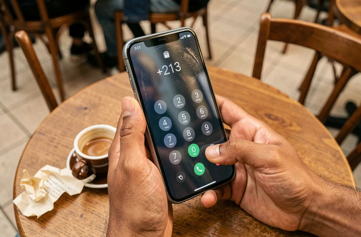 Gros plan de mains composant l'indicatif téléphonique +213 pour l'Algérie sur un smartphone dans un café