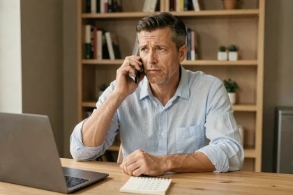 Homme composant un numéro international sur son smartphone depuis un bureau à domicile, illustrant les erreurs d'indicatif téléphonique pour appeler l'Algérie