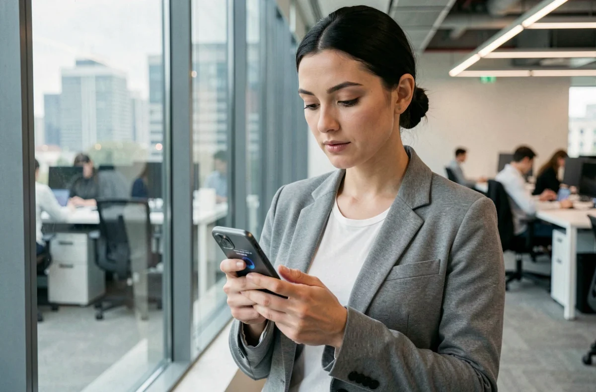 Femme en bureau professionnel consultant son téléphone pour composer l'indicatif international de l'Algérie, +213