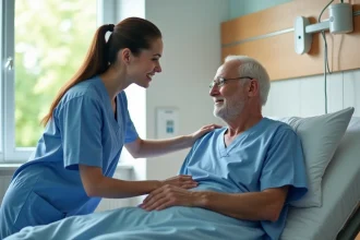 Infirmière en scrubs bleus aide un senior dans une chambre d'hôpital