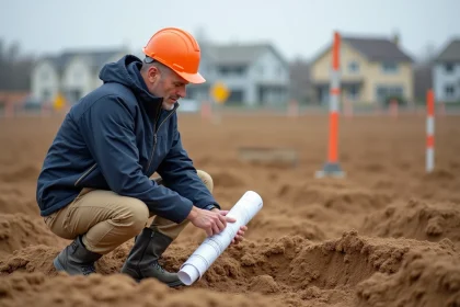 Ingénieur géotechnique inspectant un échantillon de sol sur un chantier