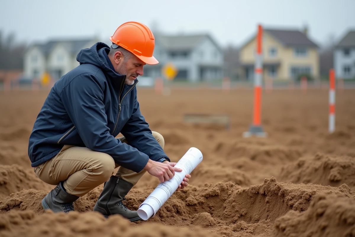 Ingénieur géotechnique inspectant un échantillon de sol sur un chantier