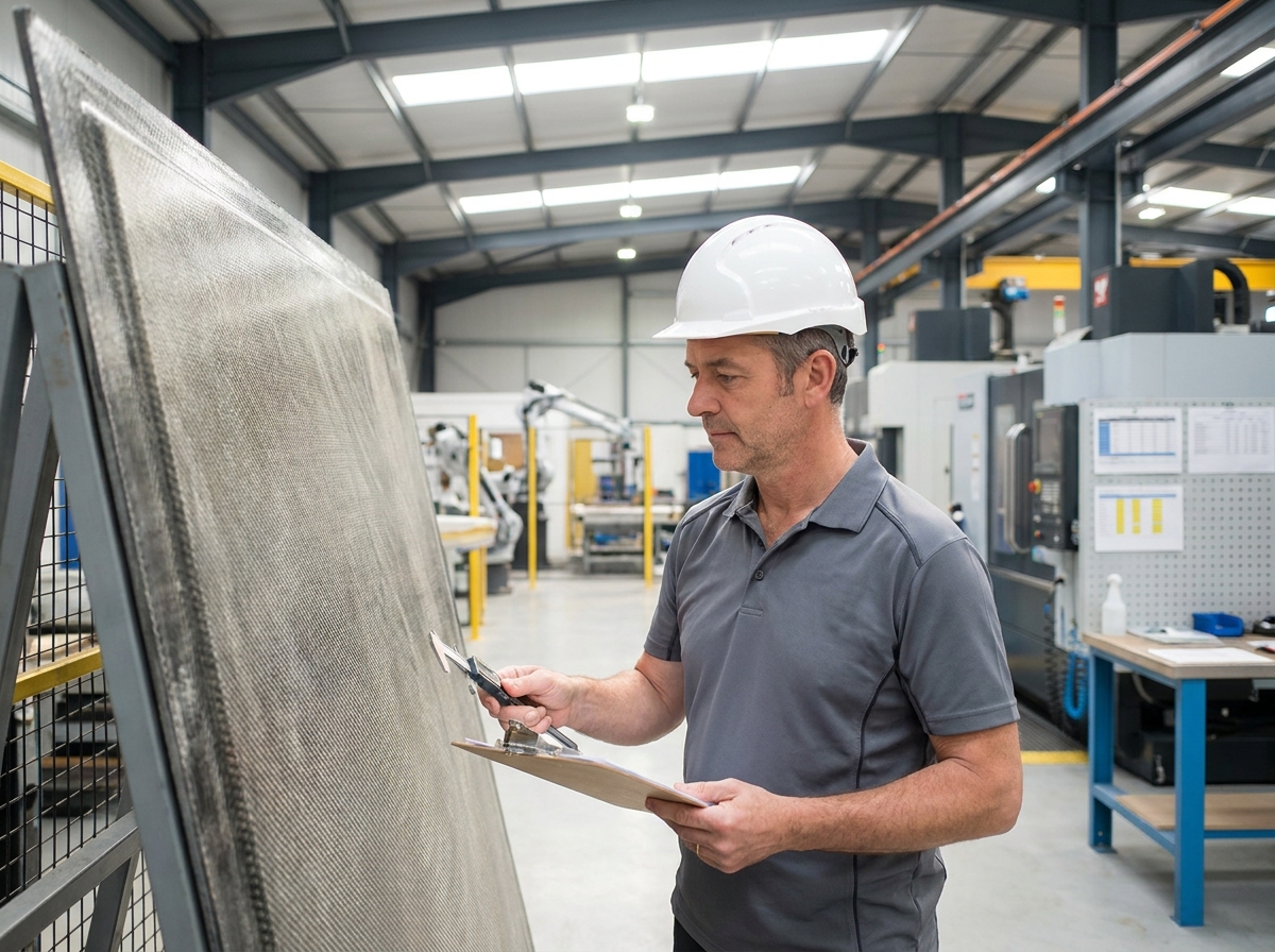 Ingénieur industriel inspectant un panneau composite dans une usine française équipée de solutions CMS