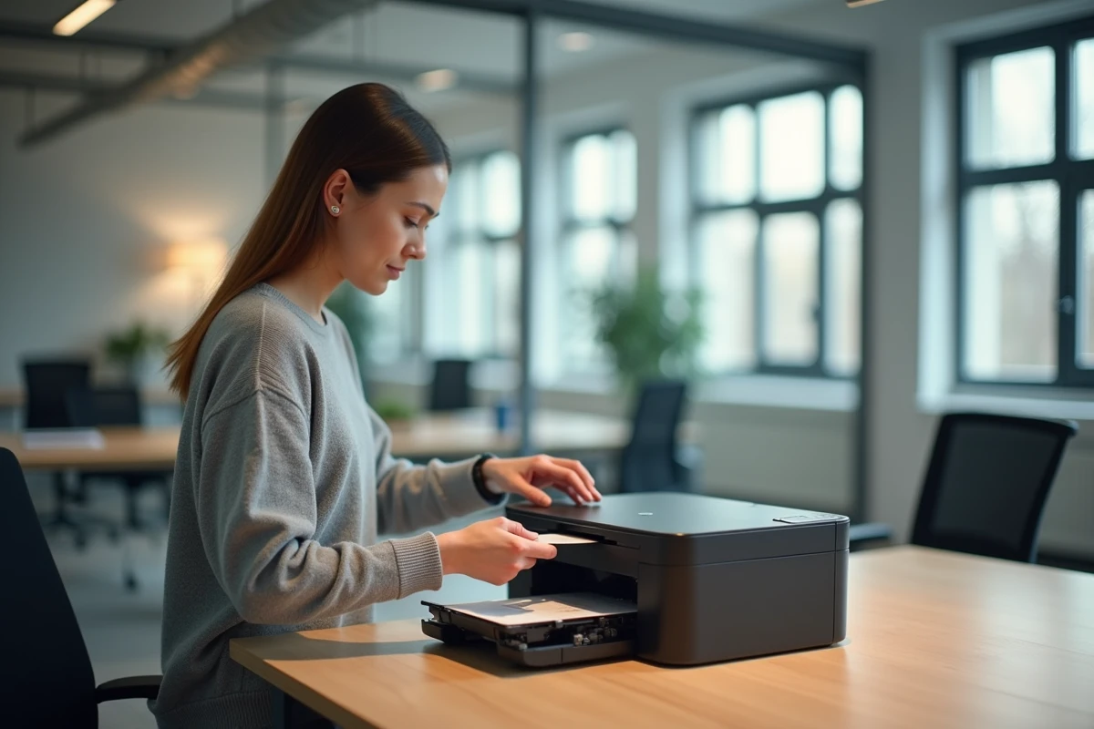 Femme installant une cartouche d'encre dans une imprimante de bureau au Luxembourg