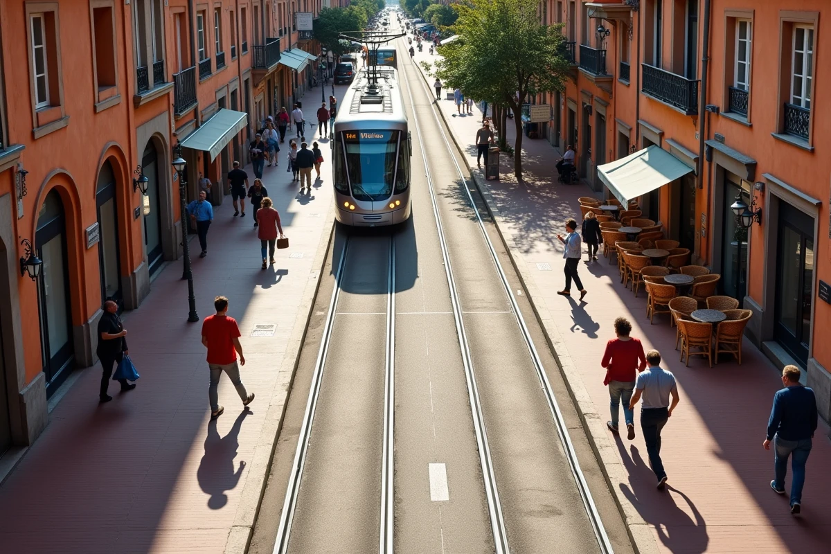 Vue en plongée sur une intersection de tramway à Toulouse avec passagers et architecture en briques roses