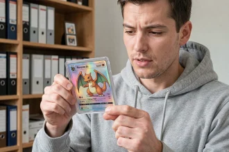 Collectionneur tenant une carte Pokémon Dracaufeu Ex gradée dans un étui de protection, examinant son investissement avec attention