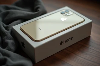 iPhone 1 original sous blister d'usine posé sur un bureau en noyer, objet de collection en état neuf avec emballage légèrement jauni