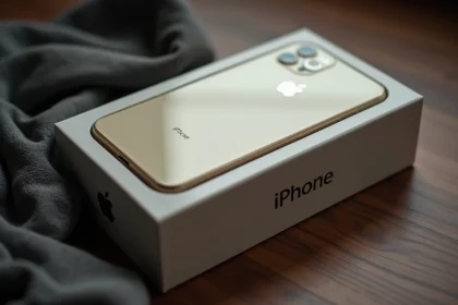 iPhone 1 original sous blister d'usine posé sur un bureau en noyer, objet de collection en état neuf avec emballage légèrement jauni