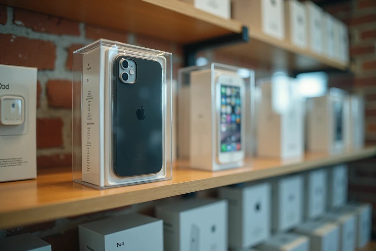iPhone 1 scellé sous blister exposé dans une vitrine de boutique de collection avec d'autres produits Apple vintage des années 2000