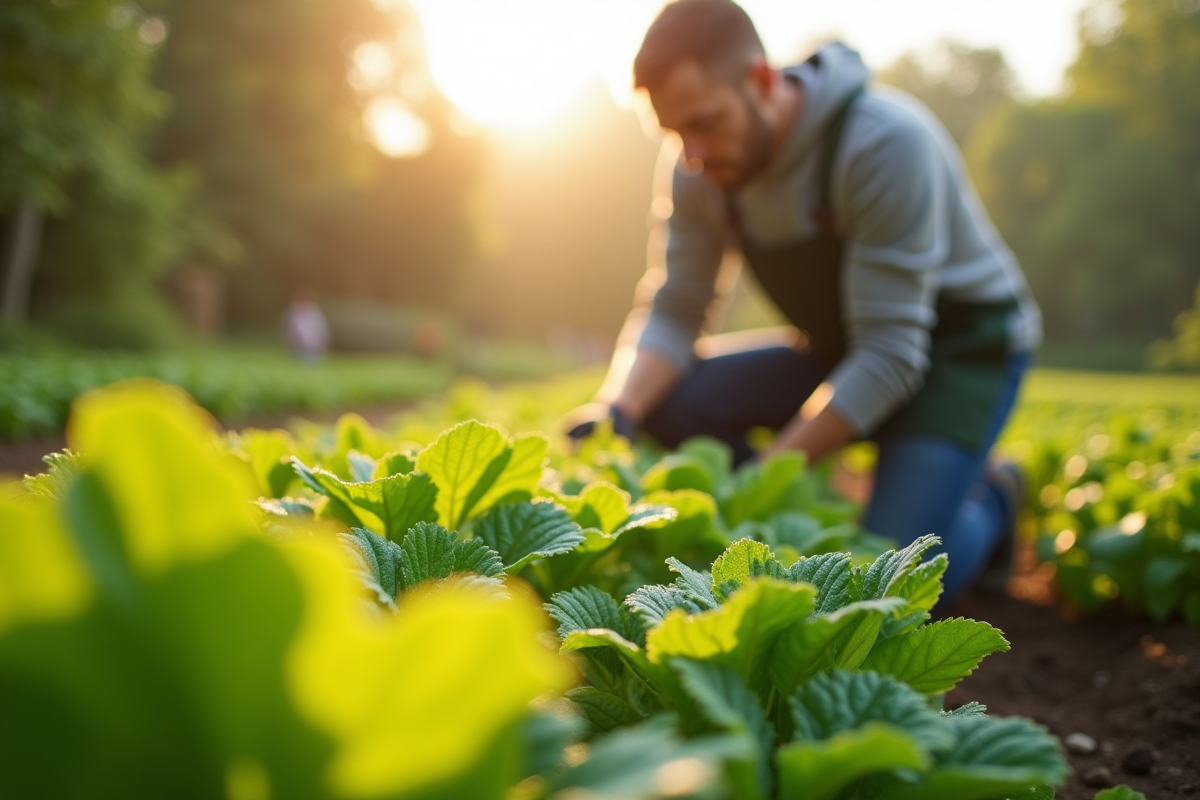 Jardinier à genoux dans un potager verdoyant ensoleillé