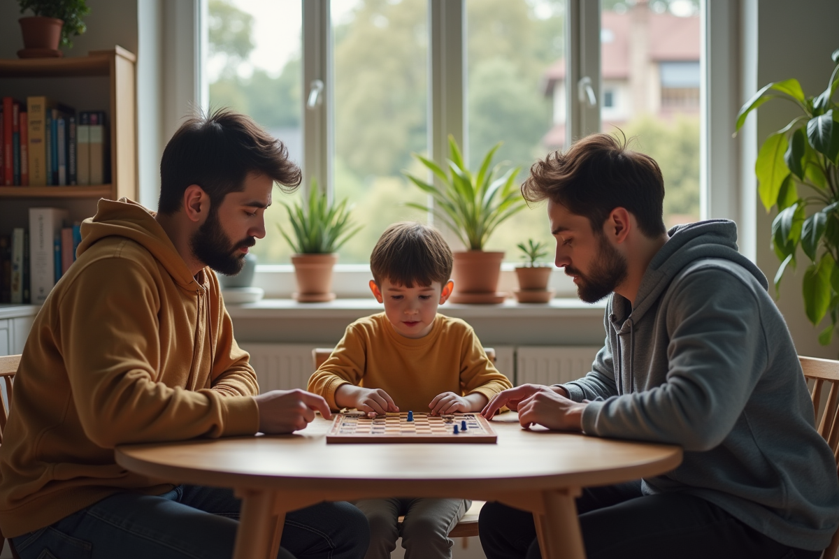 Famille jouant à un jeu de société dans un salon lumineux