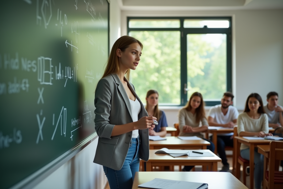 Etudiante expliquant des équations de quantum en classe