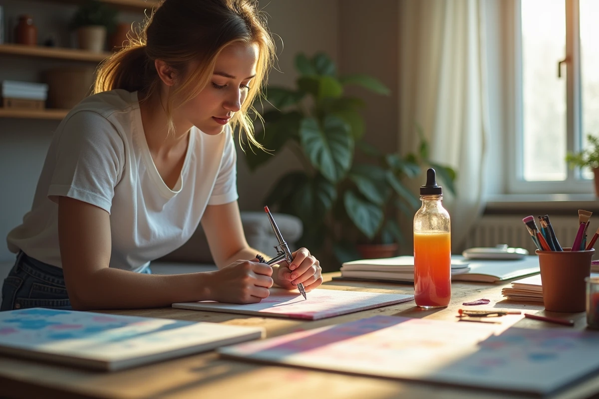 Jeune femme utilise un aérographe sur une toile en intérieur