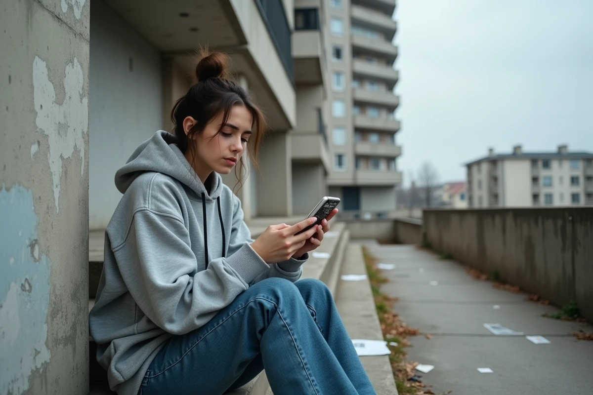 Jeune femme en banlieue française consultant un blog politique sur son smartphone devant une cité HLM, illustration des colères sociales et du désenchantement citoyen en France