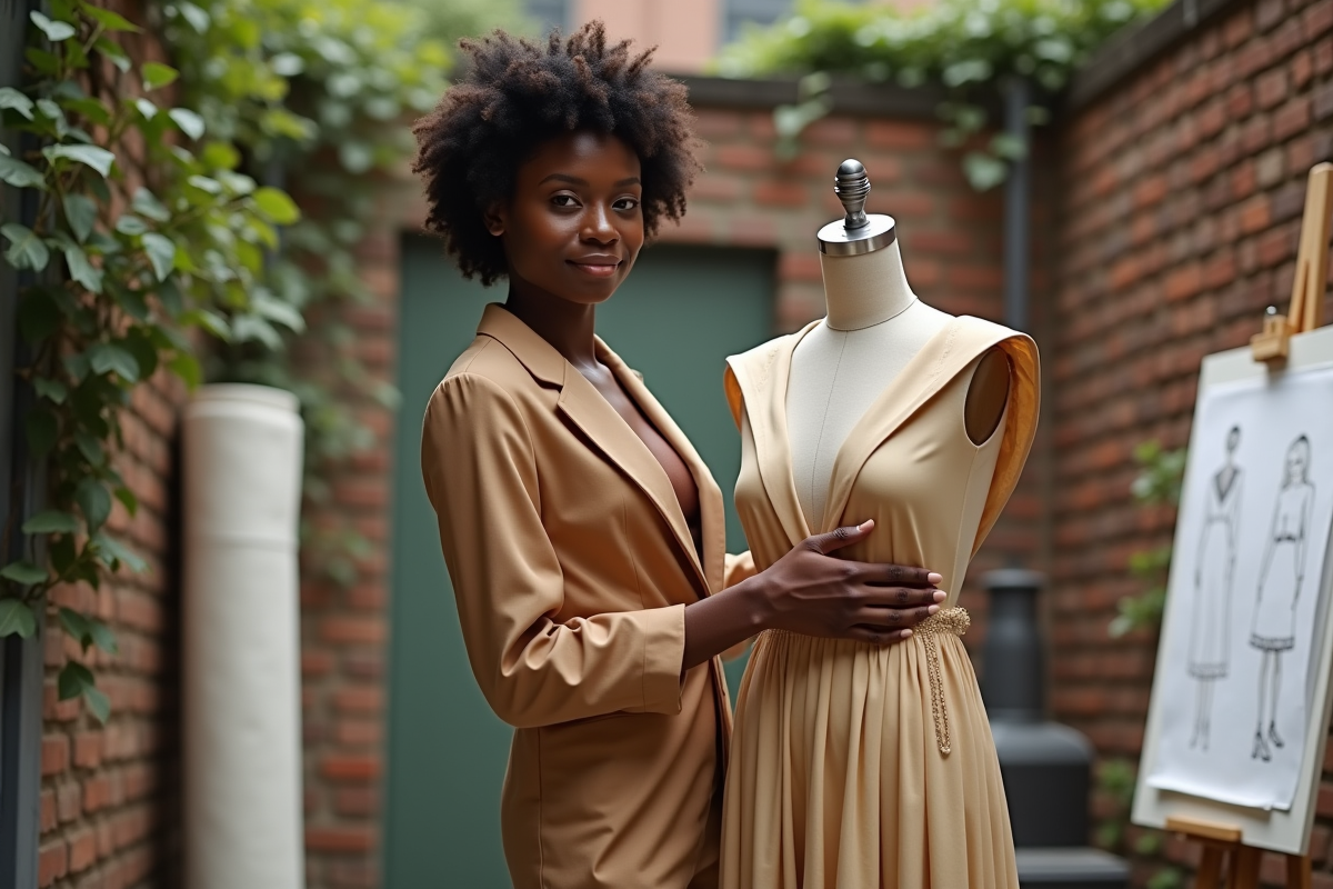 Jeune femme créatrice ajustant une robe dans cour urbaine