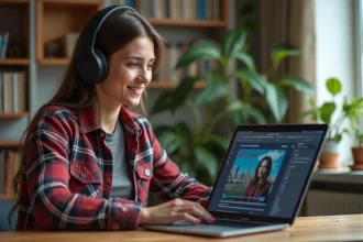 Jeune femme avec écouteurs découvre musique sur ordinateur