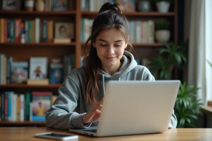 Jeune femme en étude à la maison avec ordinateur et livres