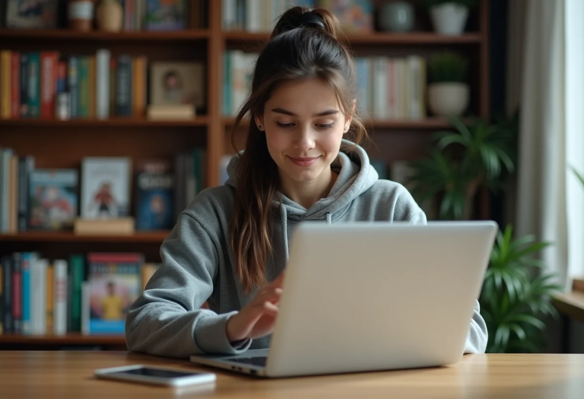 Jeune femme en étude à la maison avec ordinateur et livres
