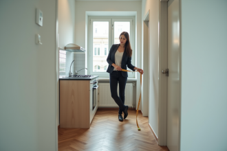 Jeune femme mesurant un studio avec un mètre