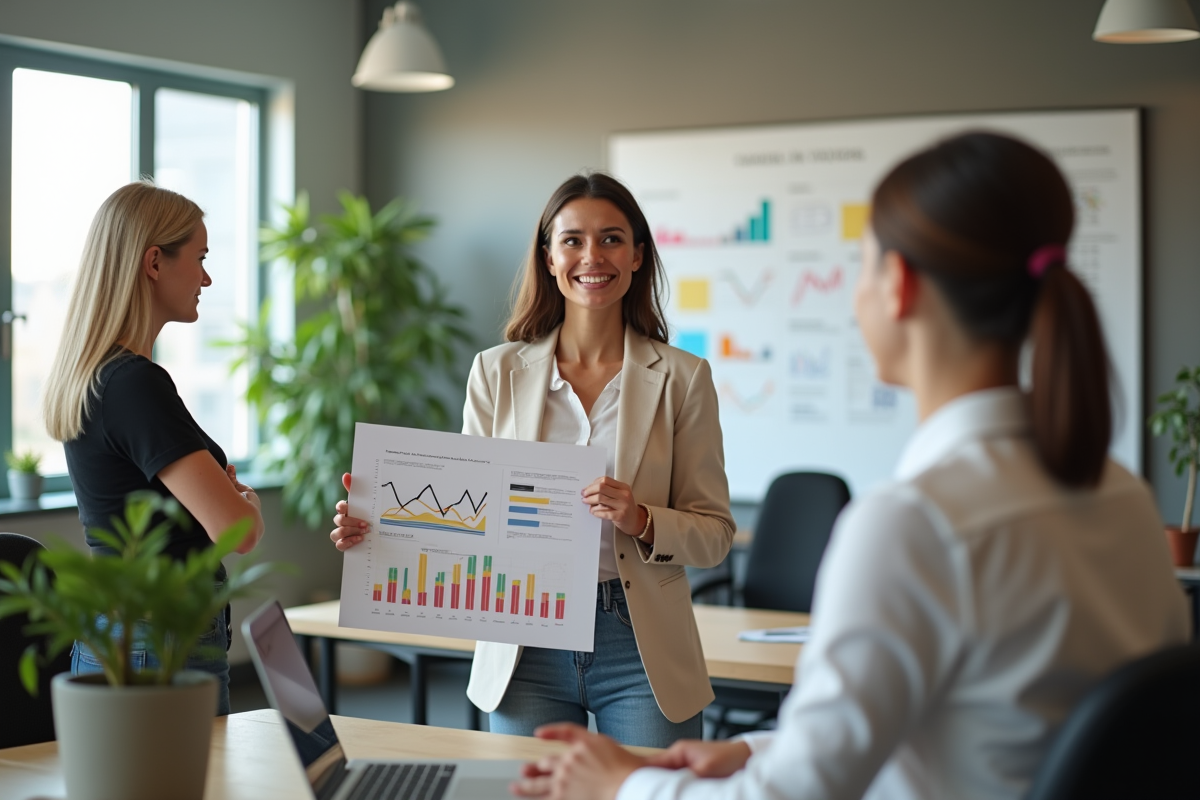 Jeune femme expliquant une infographie dans un espace de coworking