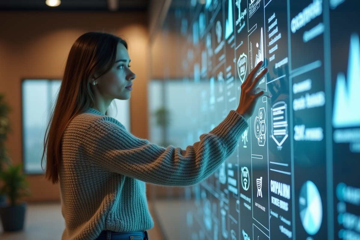 Jeune femme en sweater interagissant avec un mur digital