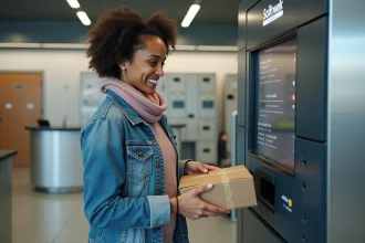 Jeune femme souriante utilisant un kiosque à colis moderne