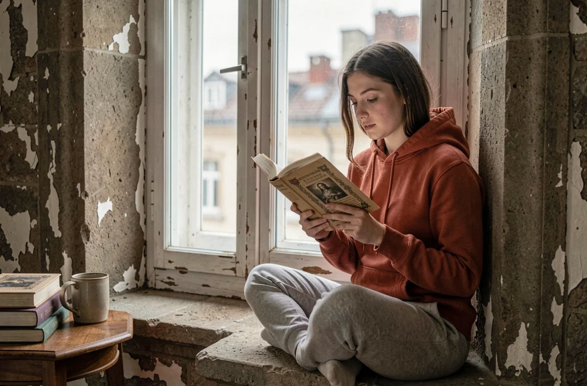 Jeune femme lisant un roman sur le Moyen Âge assise sur un rebord de fenêtre en pierre dans un appartement