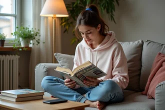 Jeune femme lisant un manga dans un salon cosy