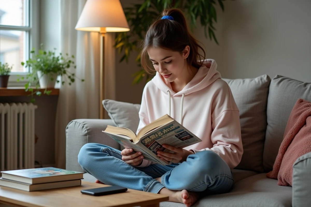 Jeune femme lisant un manga dans un salon cosy